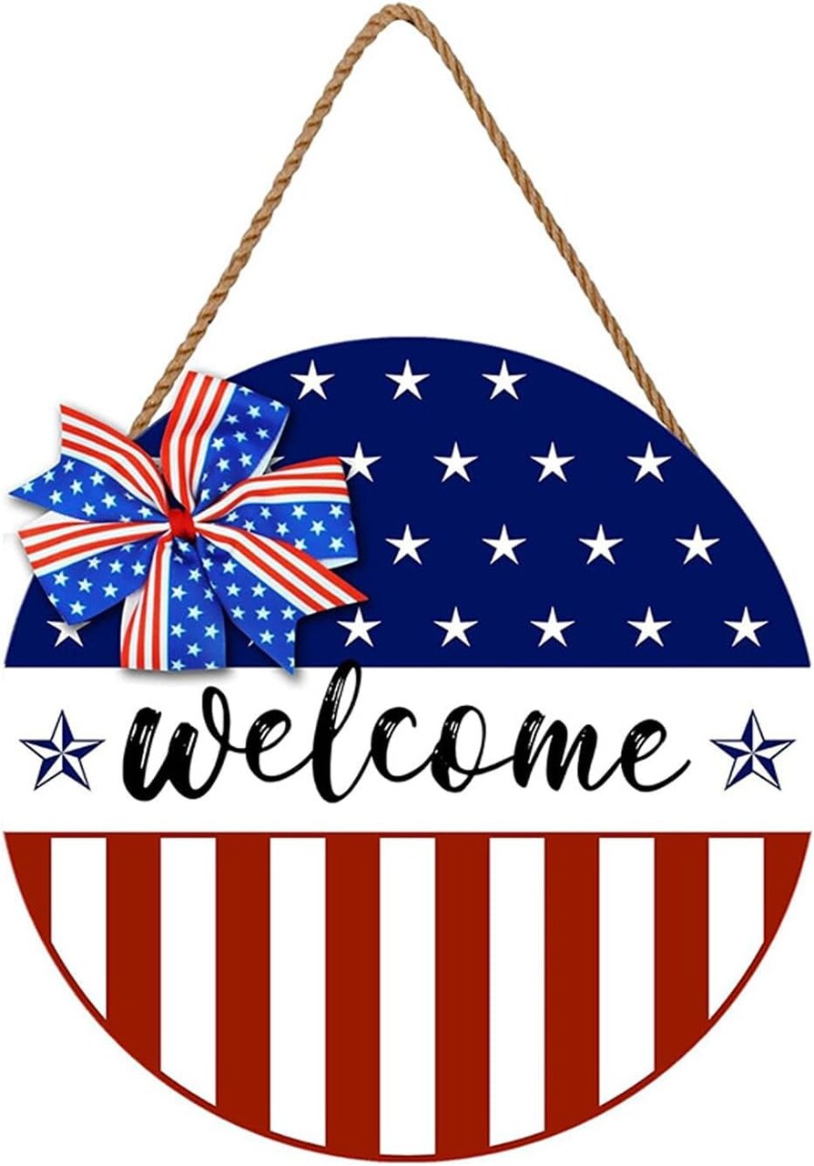 Patriotic Door Sign and Wreath for Memorial Day Independence Day 12-Inch